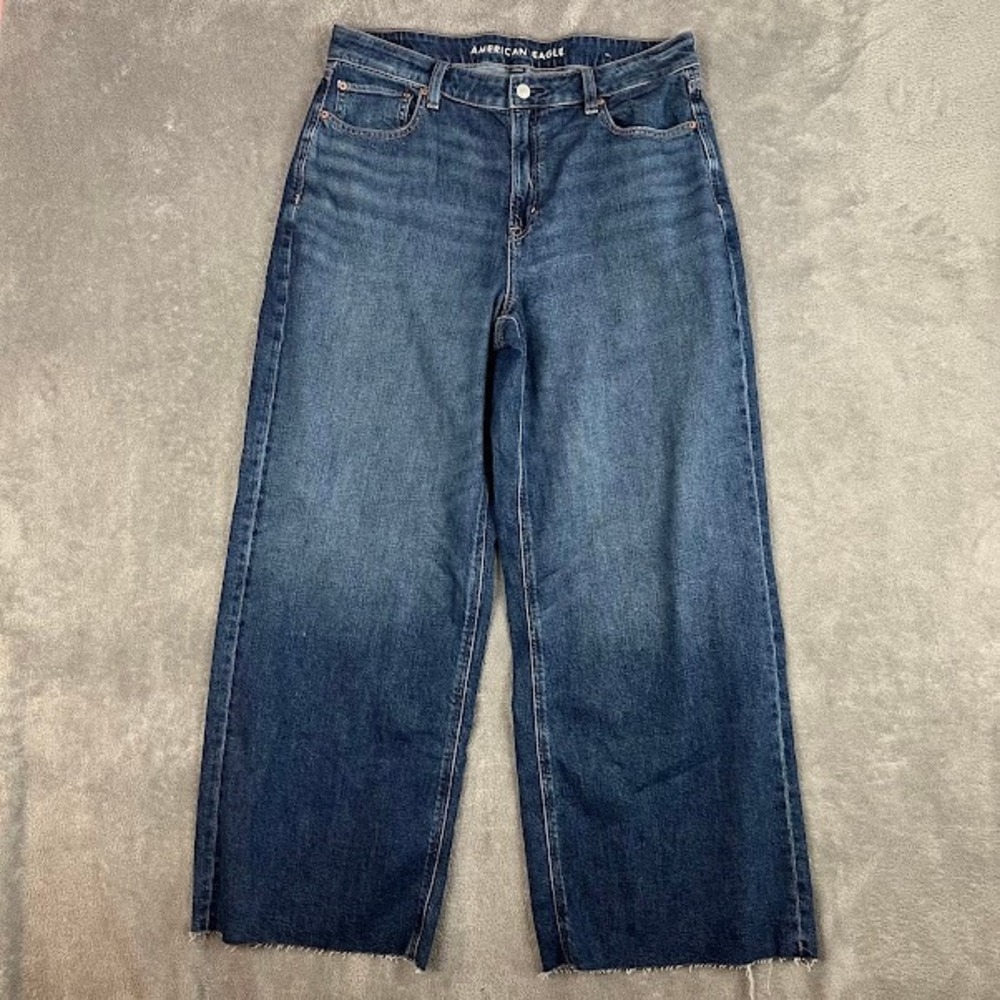 American Eagle Super High Rise Baggy Wide Leg Jeans Womens 14 Dark Wash